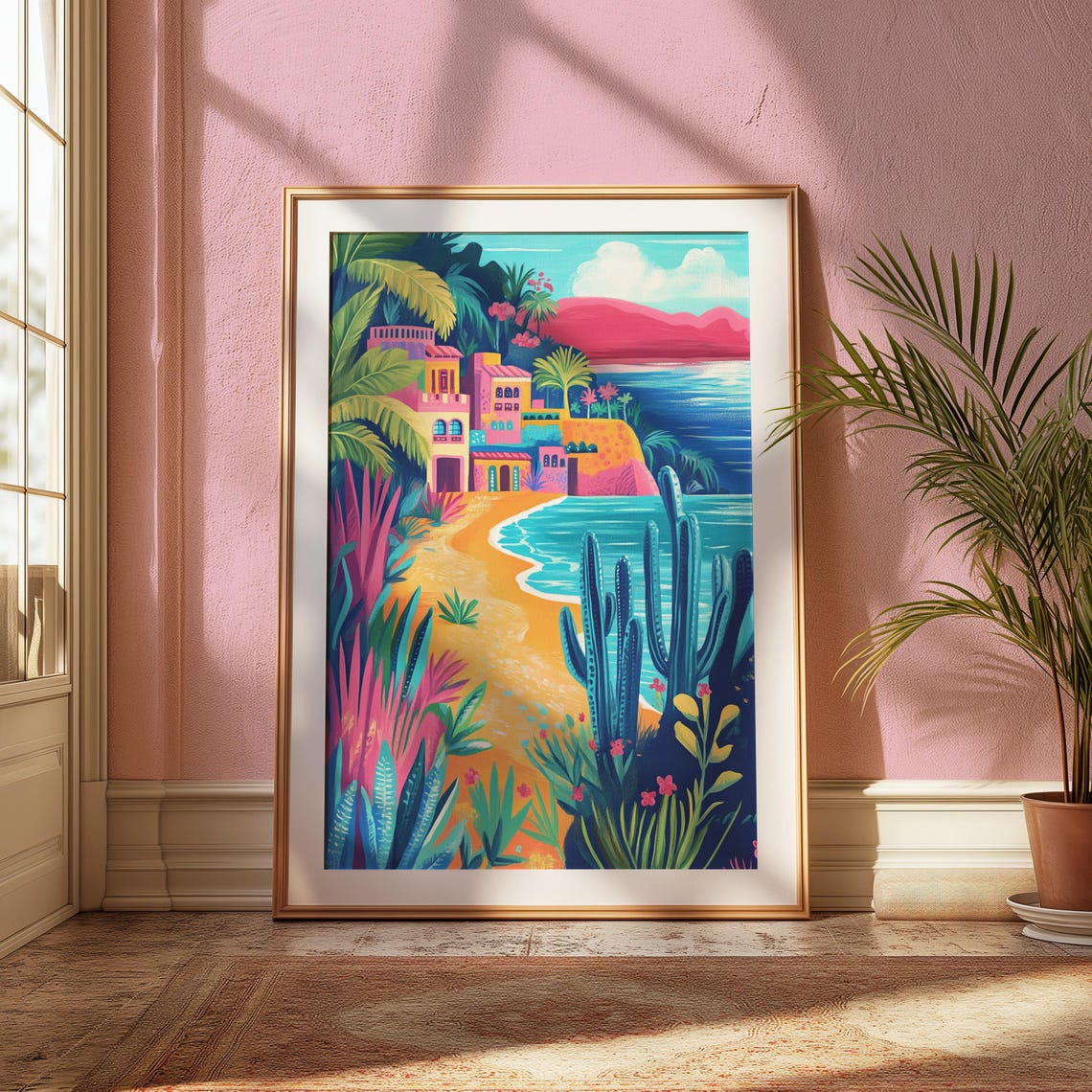 Mexican Coastal Village Beach Colorful Houses Cactus Art Poster - Image 2