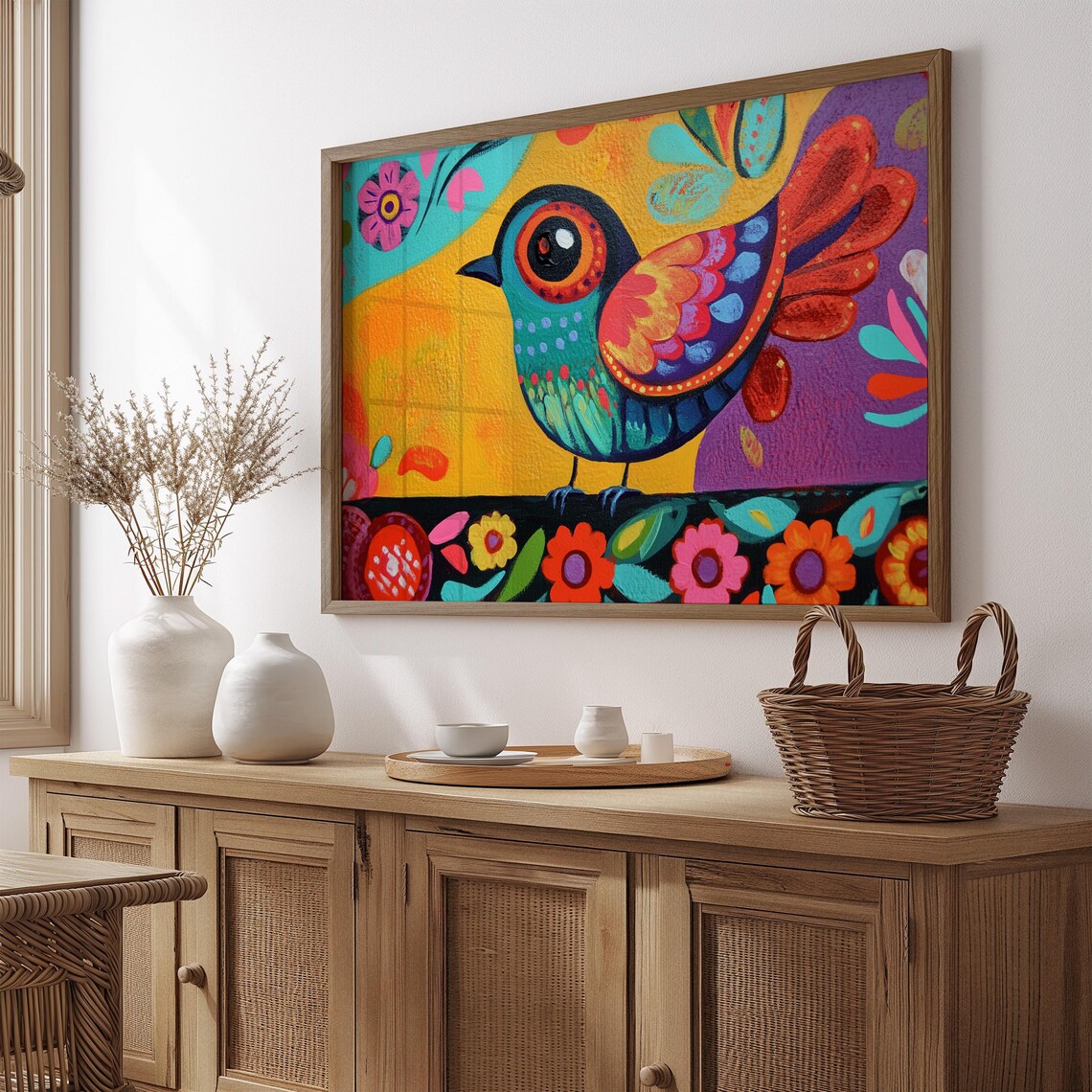 Mexican Folk Art Bird Yellow Purple Floral Background Poster