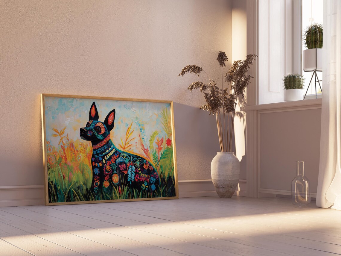 Decorated Dog Sitting in Flower Garden Alebrije Floral Folk Art Poster - Image 2