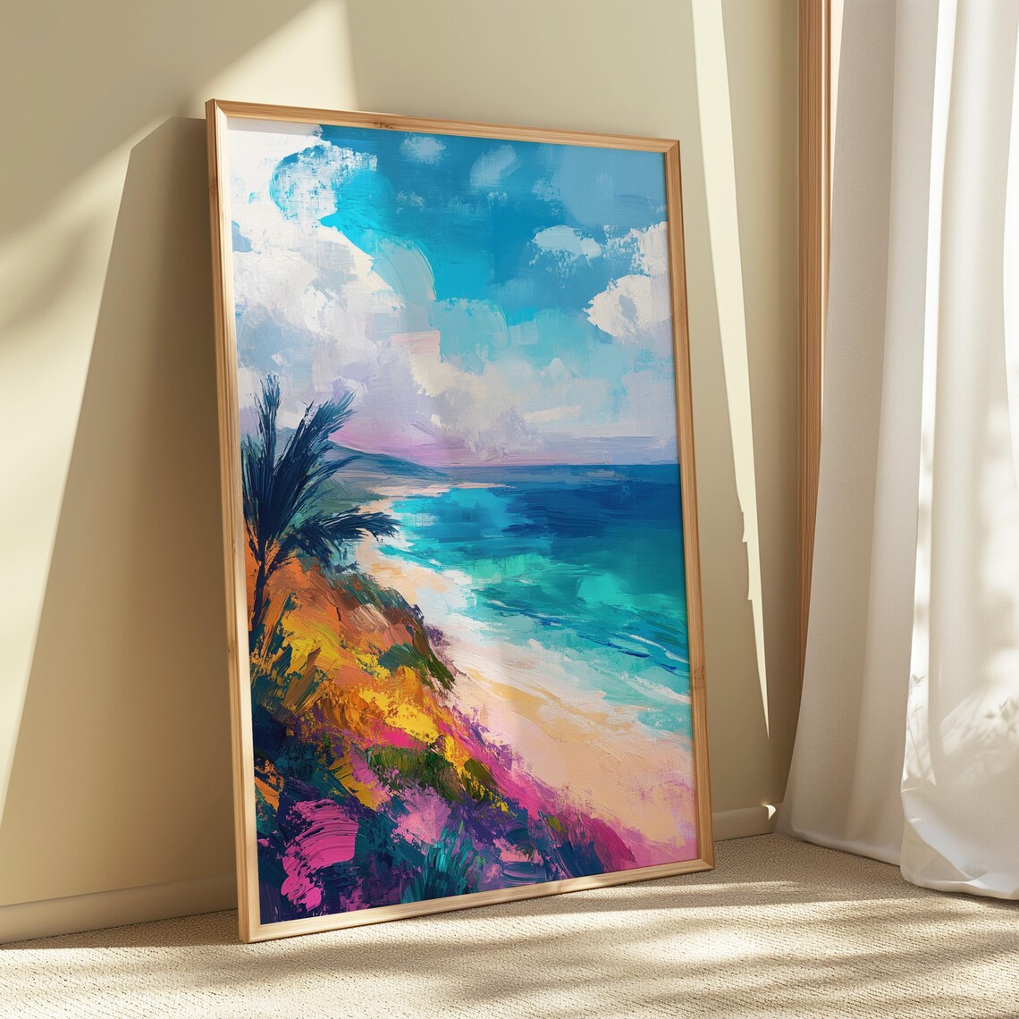 Tropical Beach Palm Silhouette Turquoise Waves Impressionist Coastal Poster - Image 5