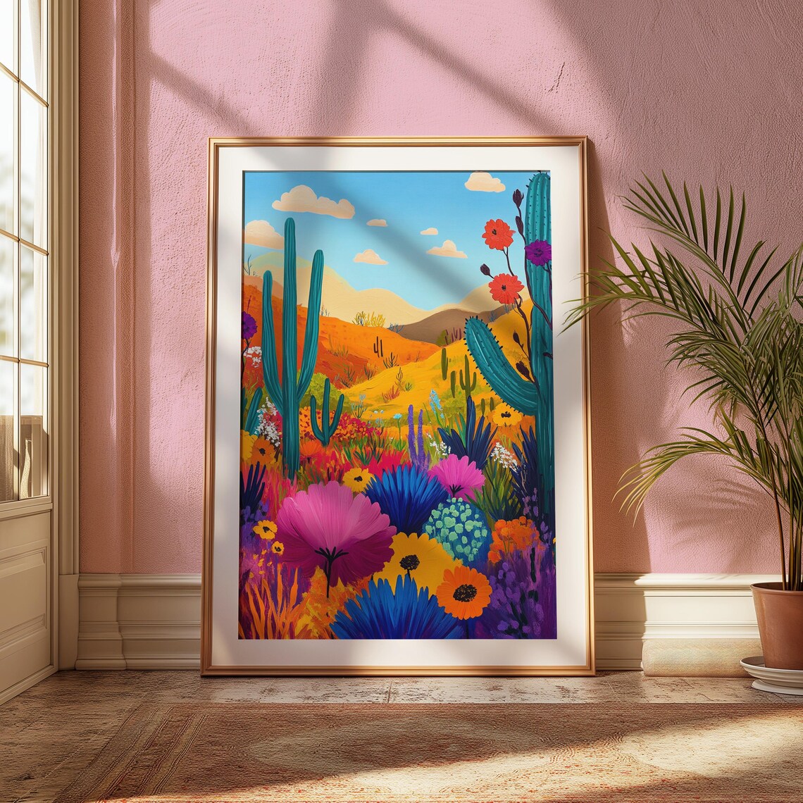 Bright Folk Art Desert Bloom Teal Saguaro Cacti Giant Wildflowers Poster - Image 2