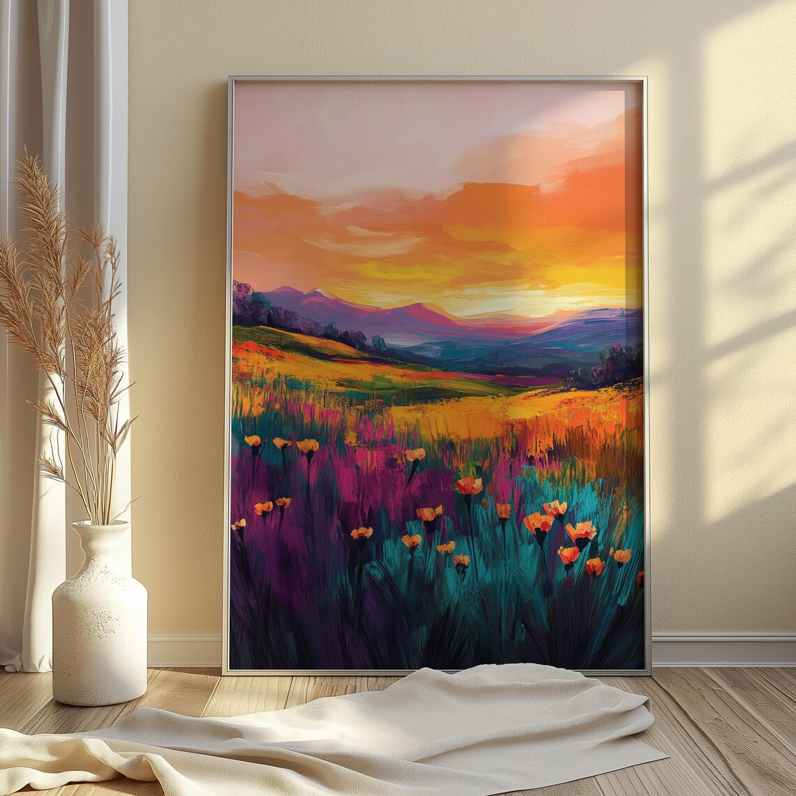 Wildflower Field Vivid Orange Sunset Purple Grasses Art Print - Image 4