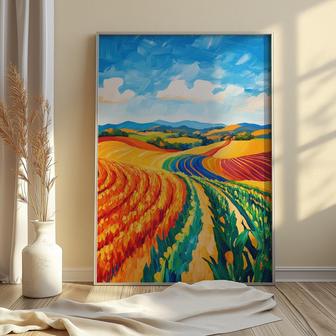 Colorful Farmland Rolling Hills Harvest Rows Vibrant Countryside Landscape Poster - Image 4