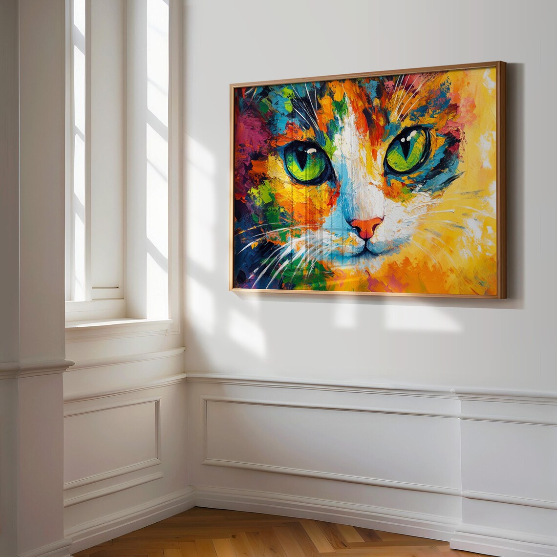 Calico Cat Face Thick Impasto Rainbow Brushstrokes Green Eyes Art Poster - Image 3