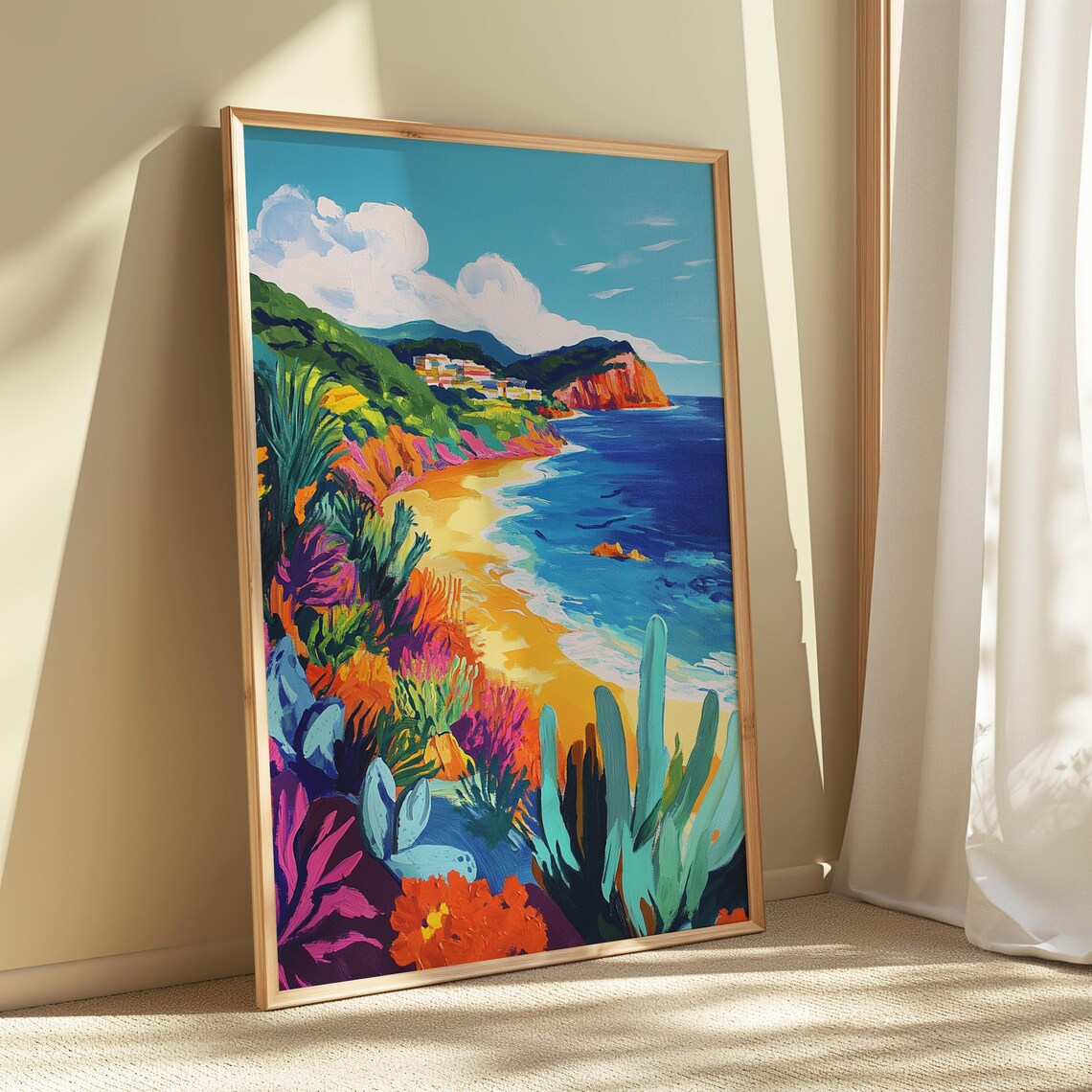 Colorful Coastal Beach Golden Sand Blue Sea Green Hills Cliff View Landscape Poster - Image 5