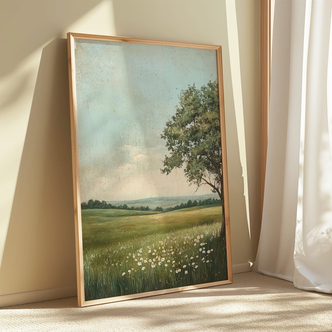 Serene Green Meadow White Wildflowers Lone Tree Vintage Landscape Poster - Image 4