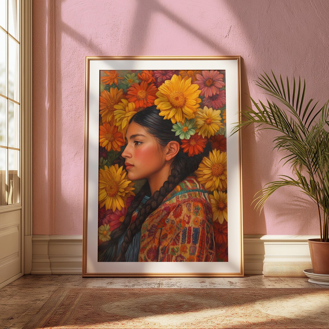 Young Woman Braided Hair Profile Marigold Zinnias Embroidered Shawl Poster - Image 2