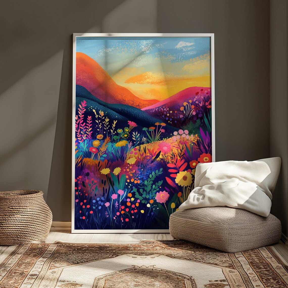 Sunset Hillside Wildflower Field Orange Sky Detailed Blooming Meadow Poster - Image 3