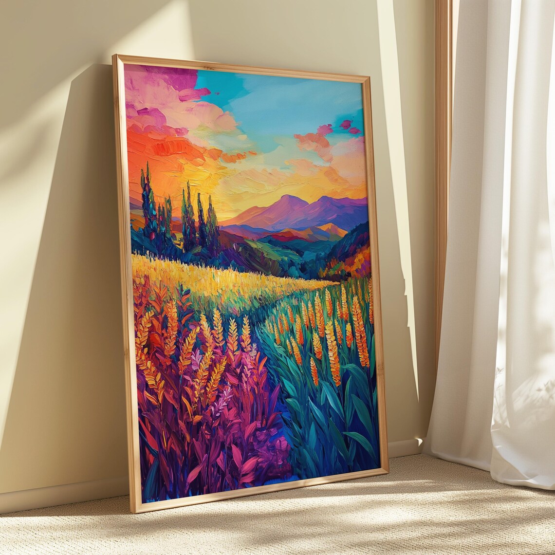 Mountain Valley Sunset Golden Wheat Field Vibrant Landscape Wall Art Poster - Image 5