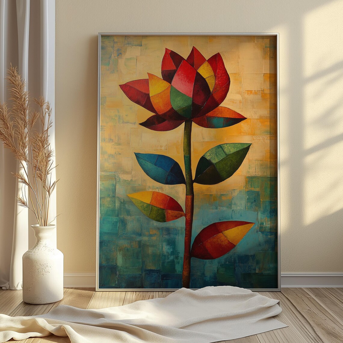 Cubist Mosaic Flower Geometric Red Orange Teal Bold Modern Art Poster - Image 4