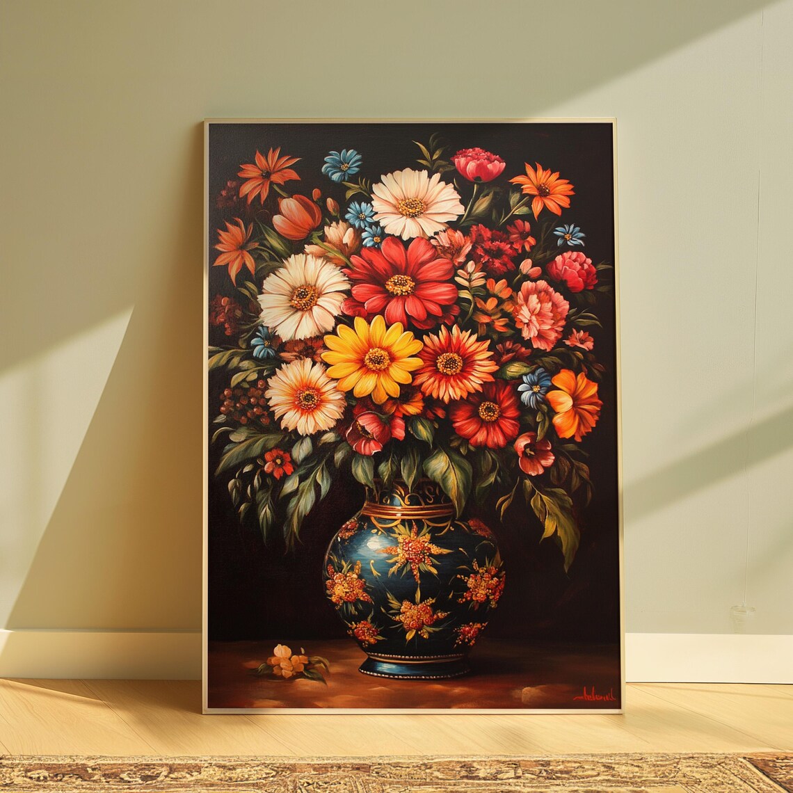 Classic Garden Bouquet Red White Daisies Dark Blue Floral Vase Poster