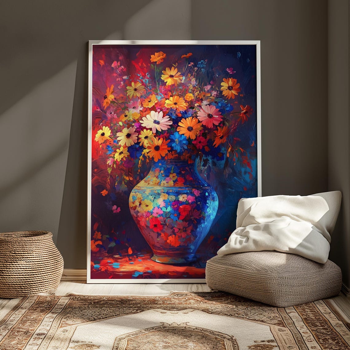 Impressionistic Daisy Bouquet in Painted Blue Vase Dark Floral Poster - Image 4