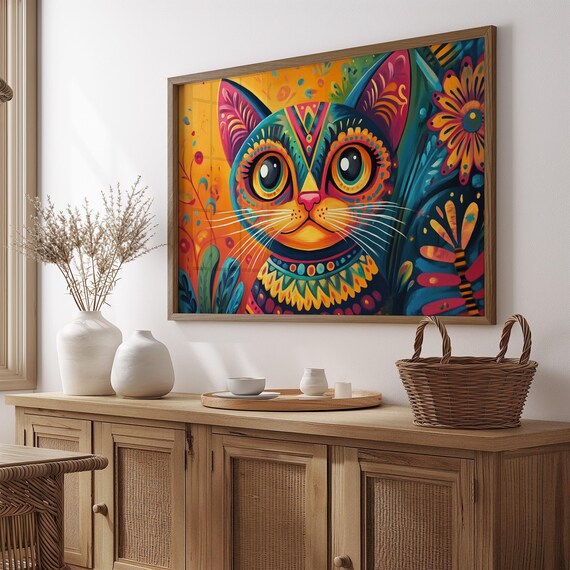 Smiling Folk Art Cat Patterned Collar Colorful Floral Poster