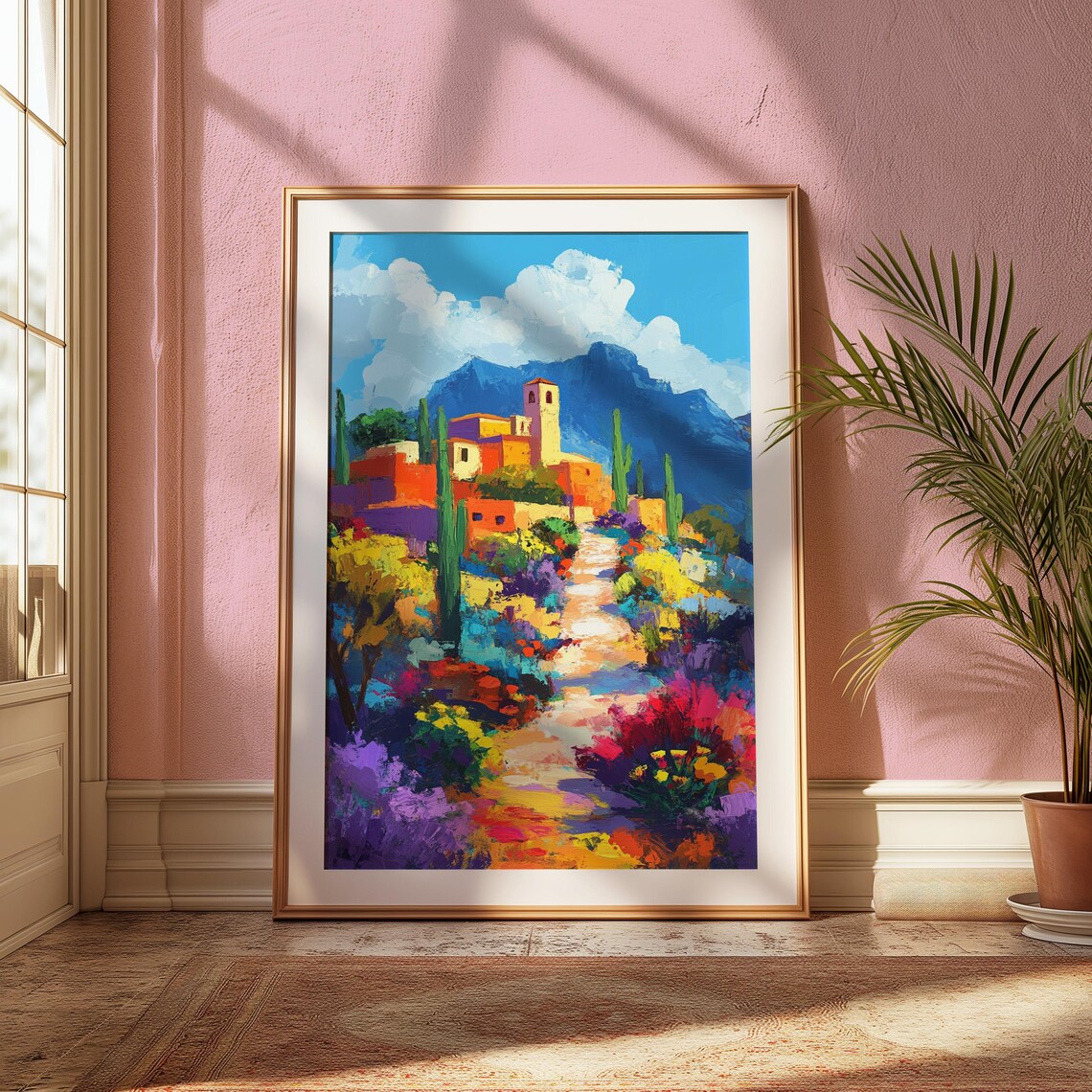 Mexican Village Hill Adobe Church Bell Tower Cacti Colorful Path Landscape Poster - Image 2