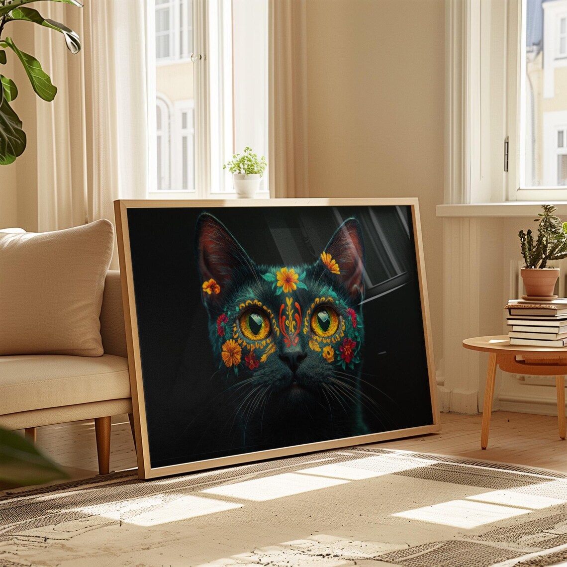 Black Cat Day of the Dead Floral Sugar Skull Yellow Eyes Wall Art - Image 4