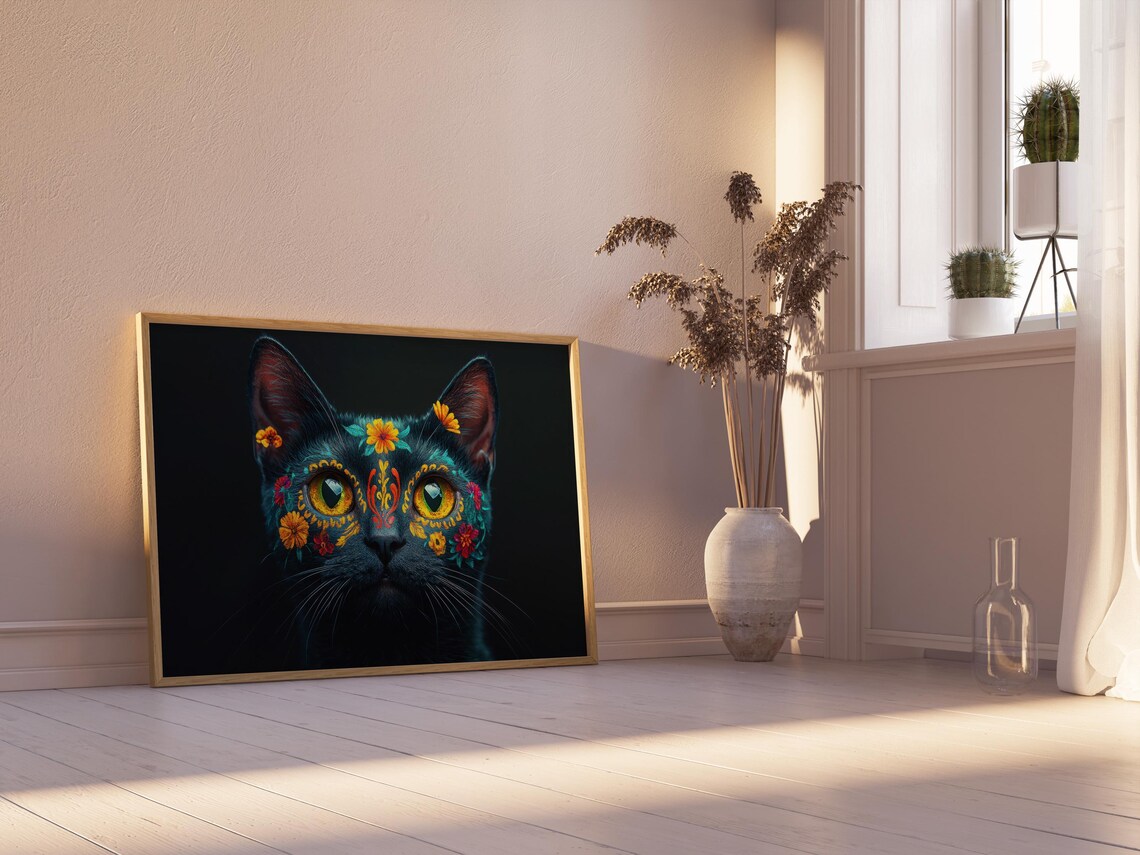 Black Cat Day of the Dead Floral Sugar Skull Yellow Eyes Wall Art - Image 2
