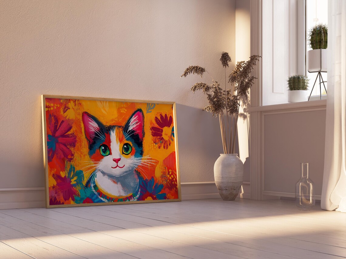 Calico Kitten Smiling Colorful Collar Floral Orange Background Cat Poster - Image 2