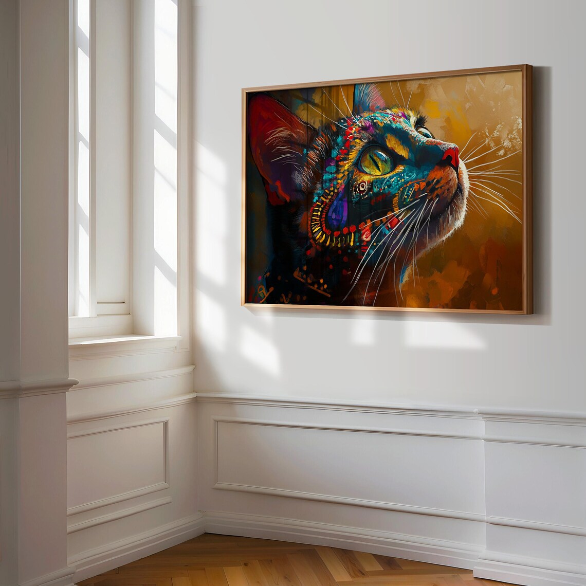 Oil Paint Cat Profile Looking Up Teal Orange Impasto Warm Golden Wall Art - Image 3