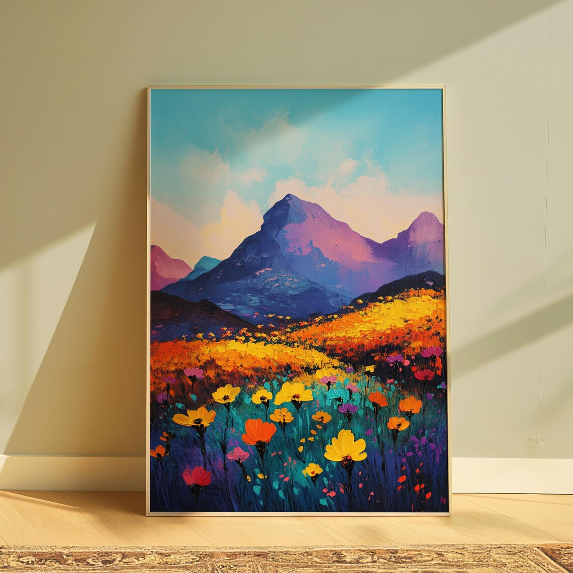 Colorful Wildflower Field Purple Mountain Dusk Turquoise Sky Landscape Poster