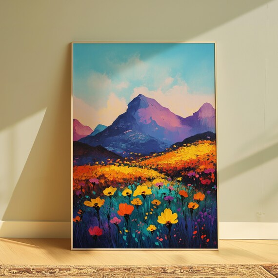 Colorful Wildflower Field Purple Mountain Dusk Turquoise Sky Landscape Poster