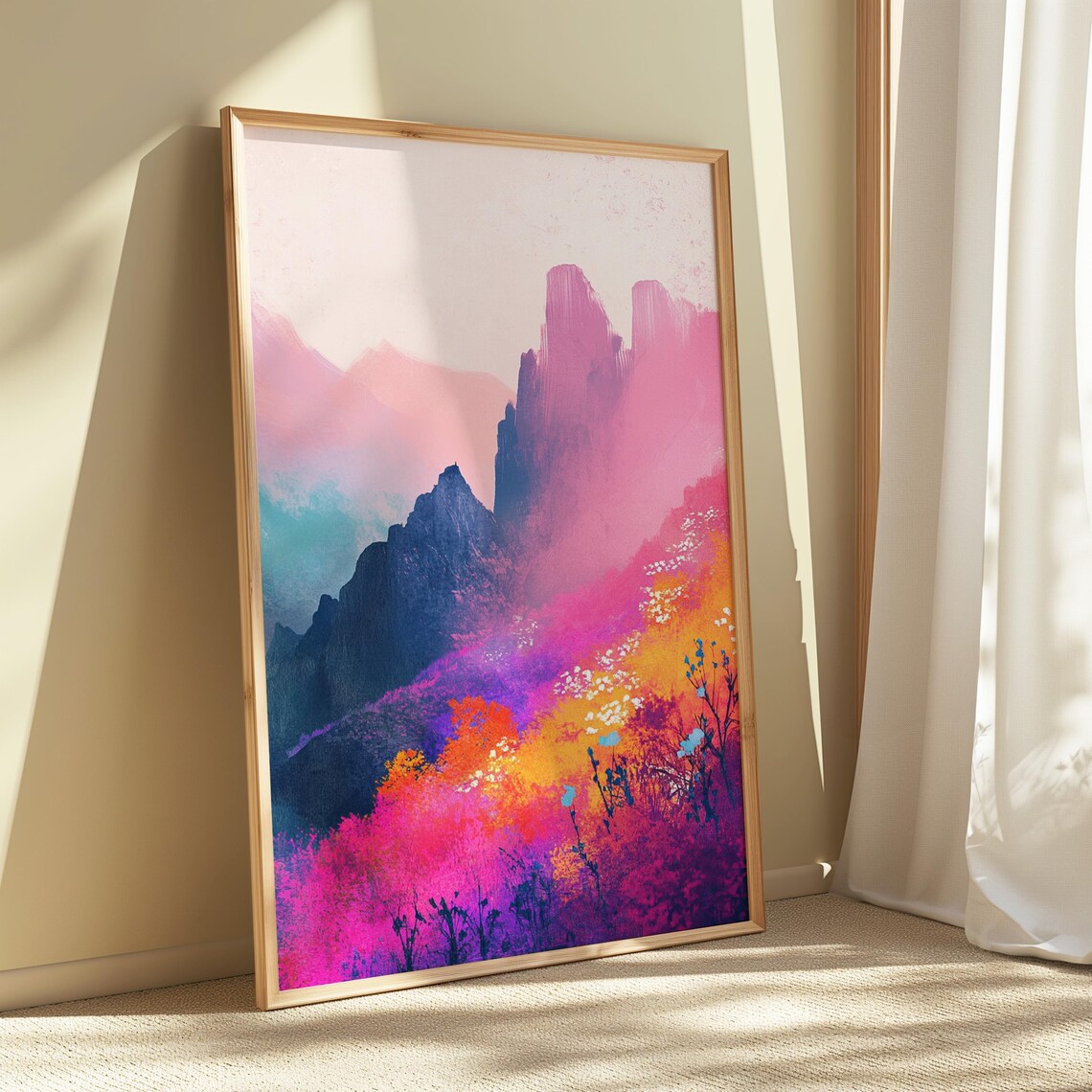 Misty Pink Mountain Cliffs Dark Peaks Dramatic Colorful Landscape Poster - Image 5