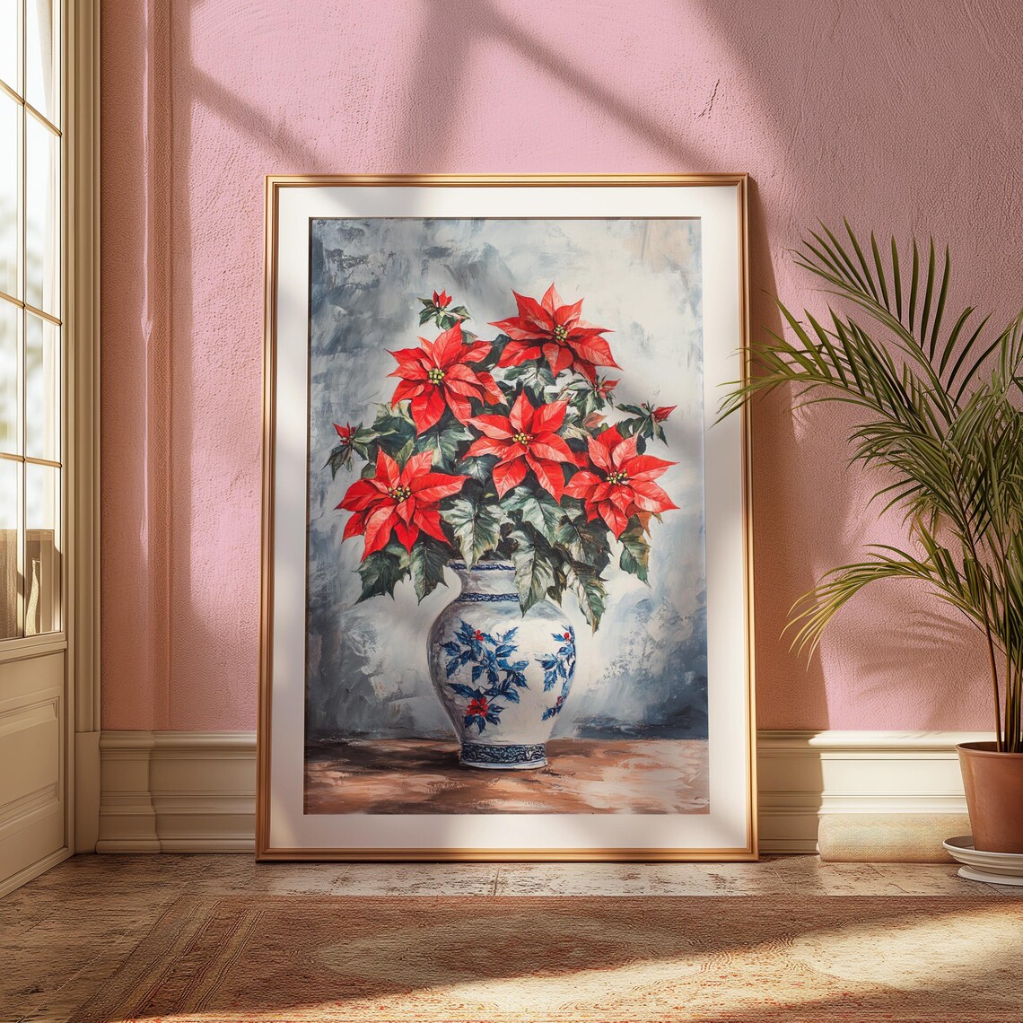 Red Poinsettia Blue Floral Vase Airy Watercolor Christmas Poster Print - Image 2