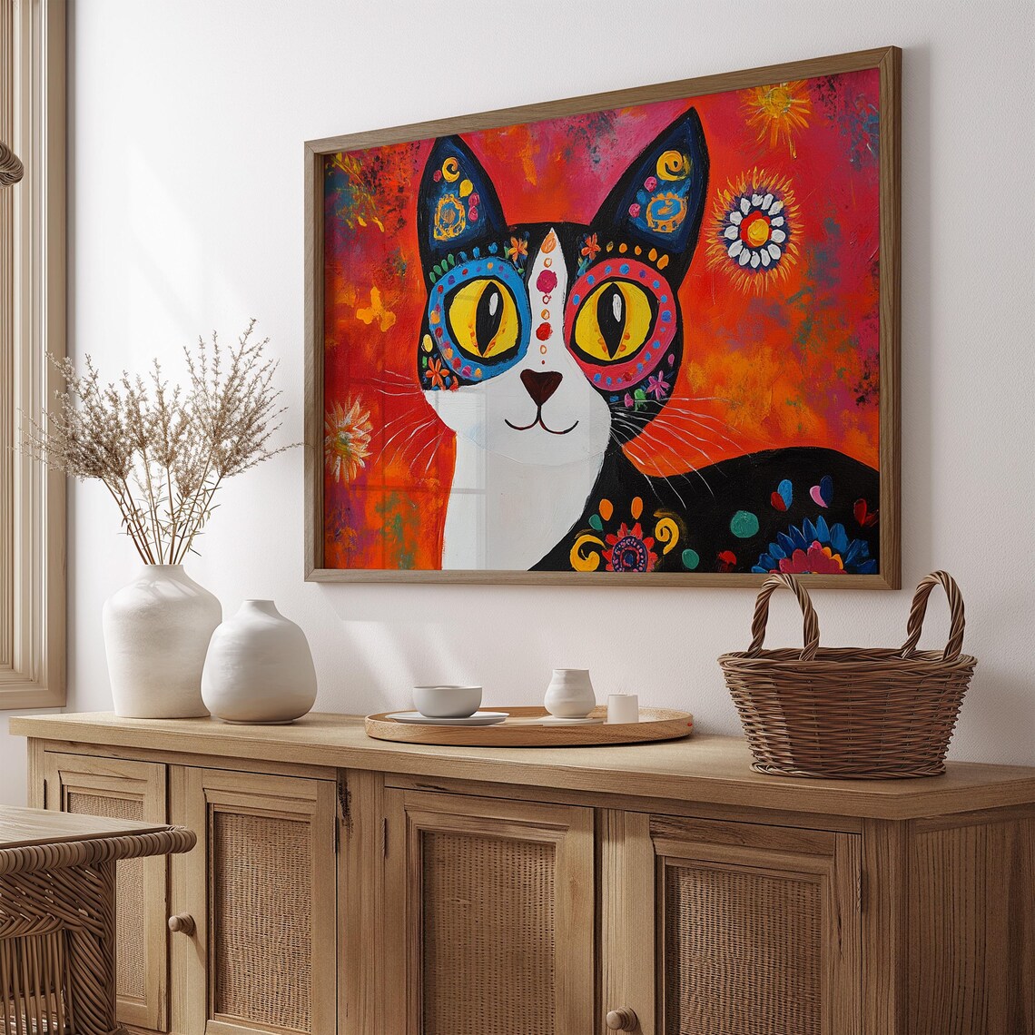 Black Tuxedo Cat Sugar Skull Art Big Golden Eyes Red Fiesta Cat Poster