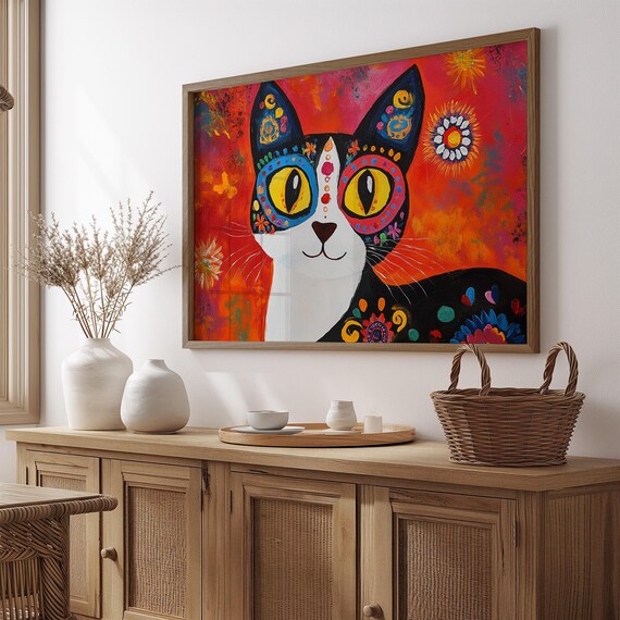 Black Tuxedo Cat Sugar Skull Art Big Golden Eyes Red Fiesta Cat Poster