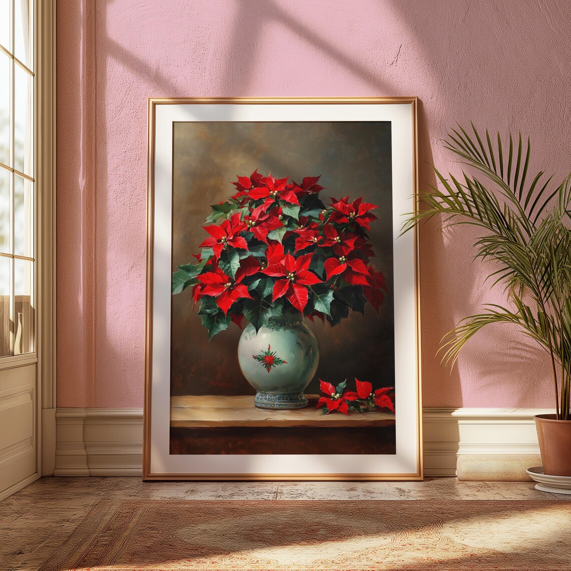 Red Poinsettia Celadon Vase Red Motif Christmas Still Life Poster - Image 2