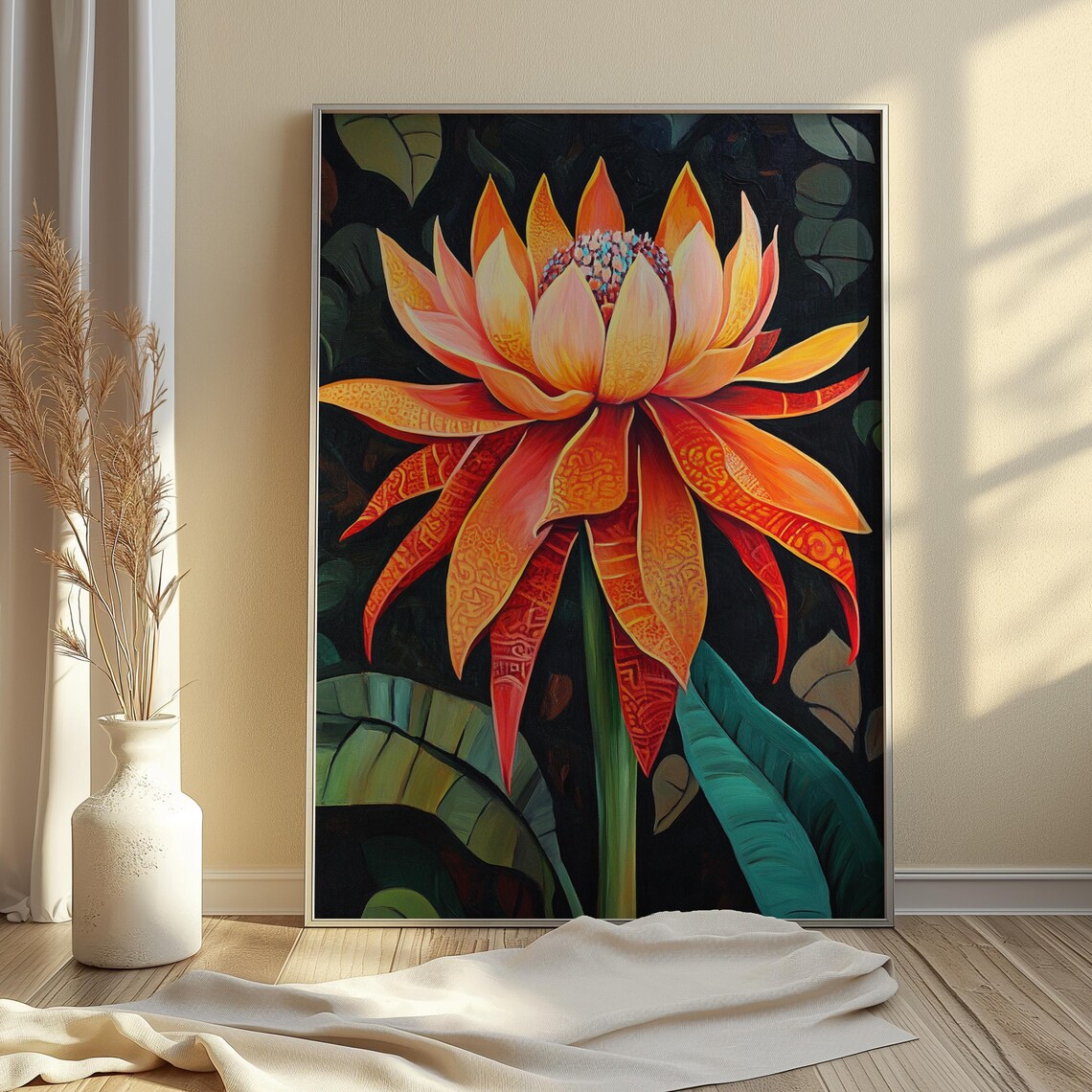 Fire Lotus Ribbon Petals Dark Background Bold Floral Art Poster - Image 4