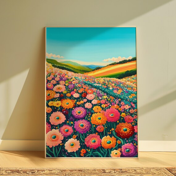 Cosmos Flower Field Rolling Green Hills Folk Art Floral Landscape Poster