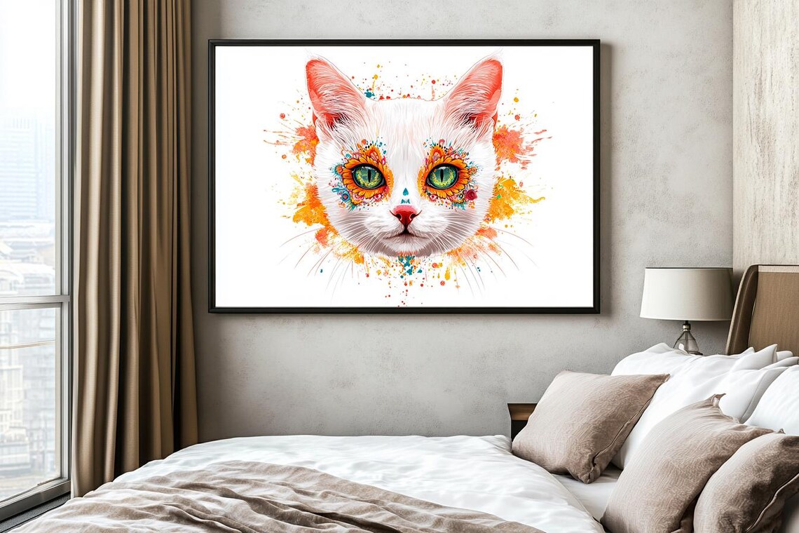 White Cat Day of the Dead Watercolor Splash Colorful Eye Art Poster - Image 2
