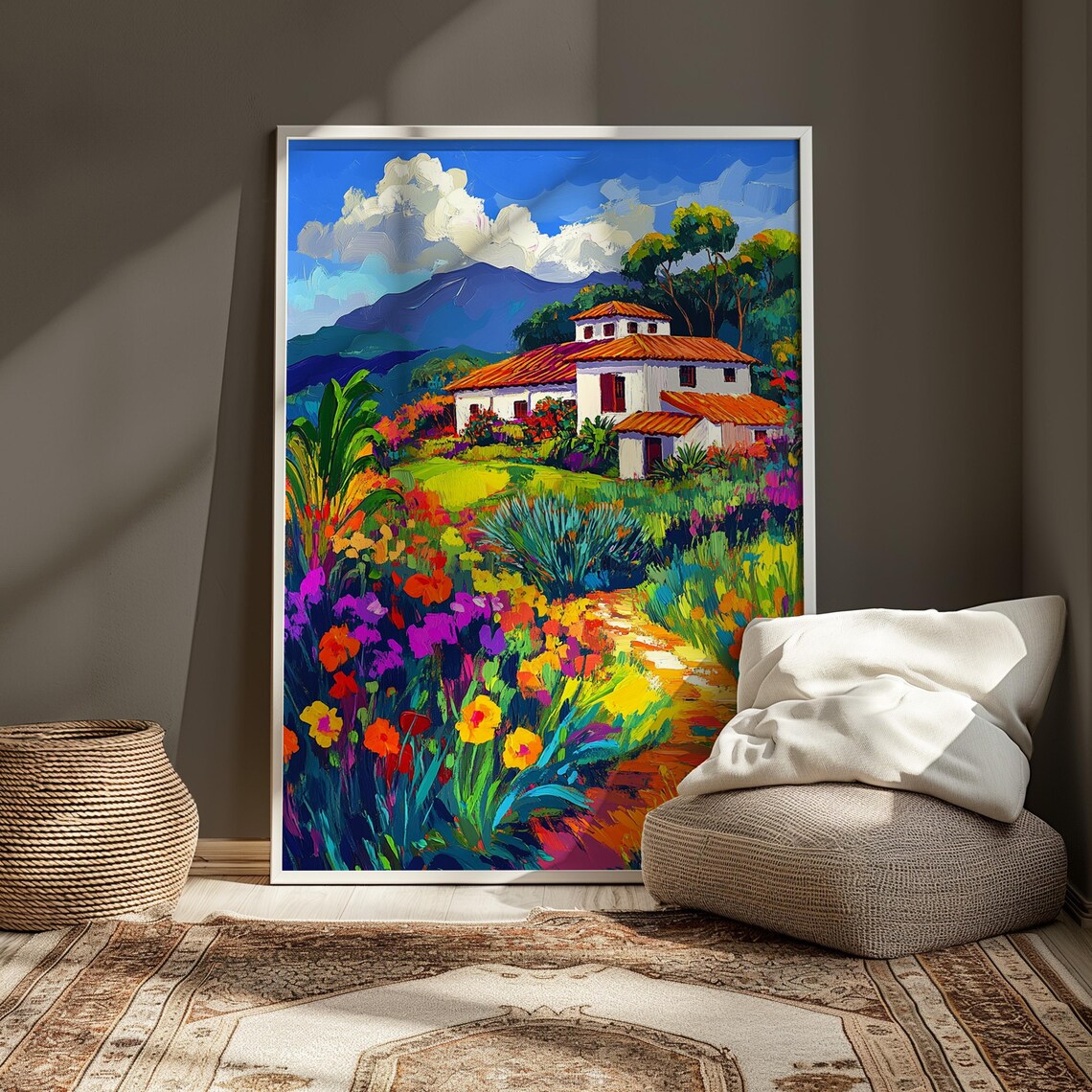 Mexican Hacienda Terracotta Roof Flower Garden Mountain Art Print - Image 3