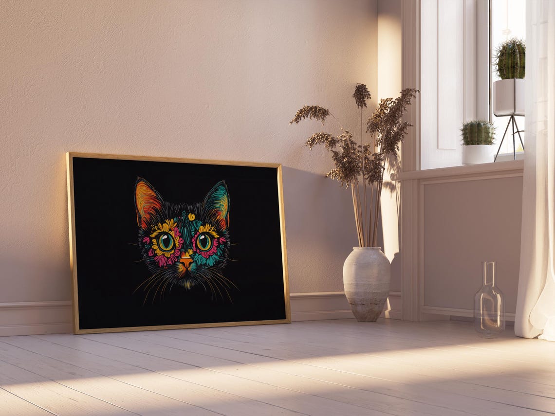 Colorful Streaked Cat Face Neon Brushstroke Paint Black Wall Art - Image 2