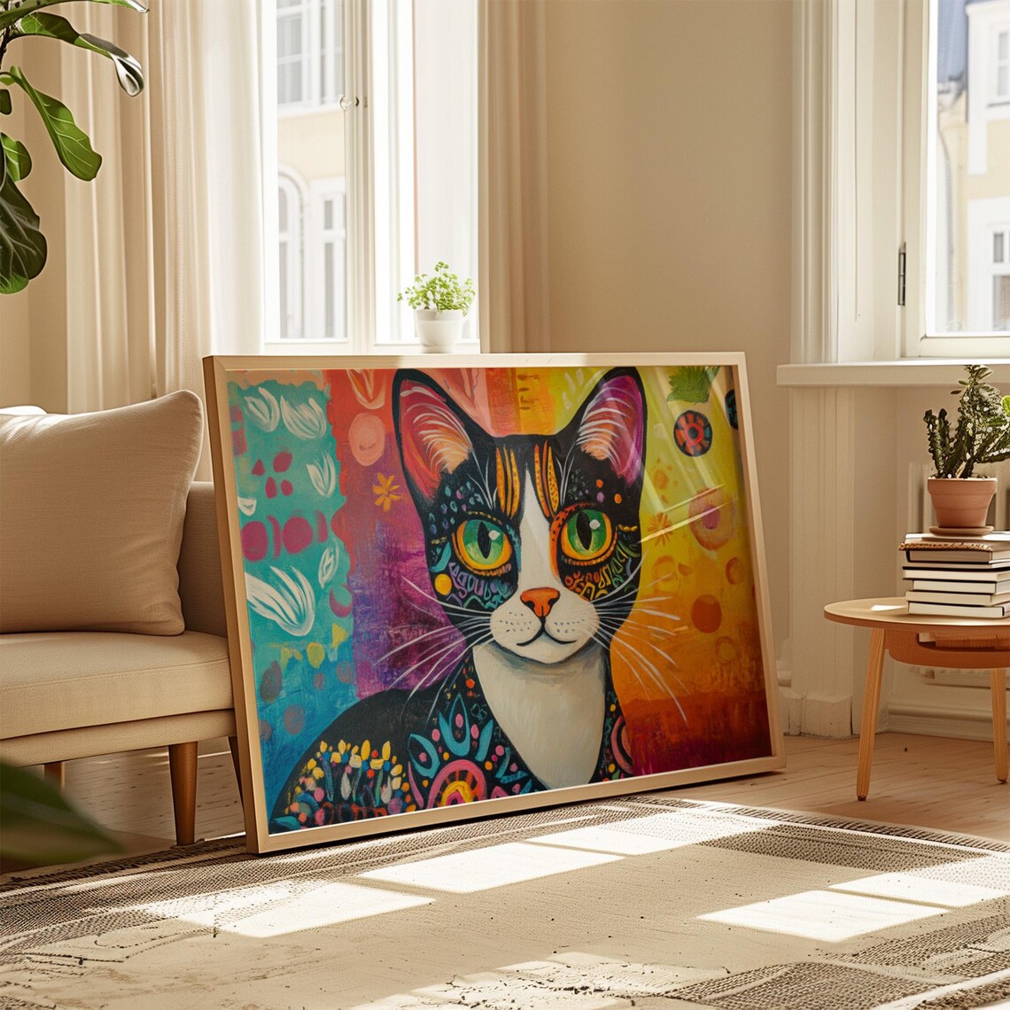 Tuxedo Cat Portrait Mandala Boho Decor Green Eyes Colorful Flower Poster - Image 4