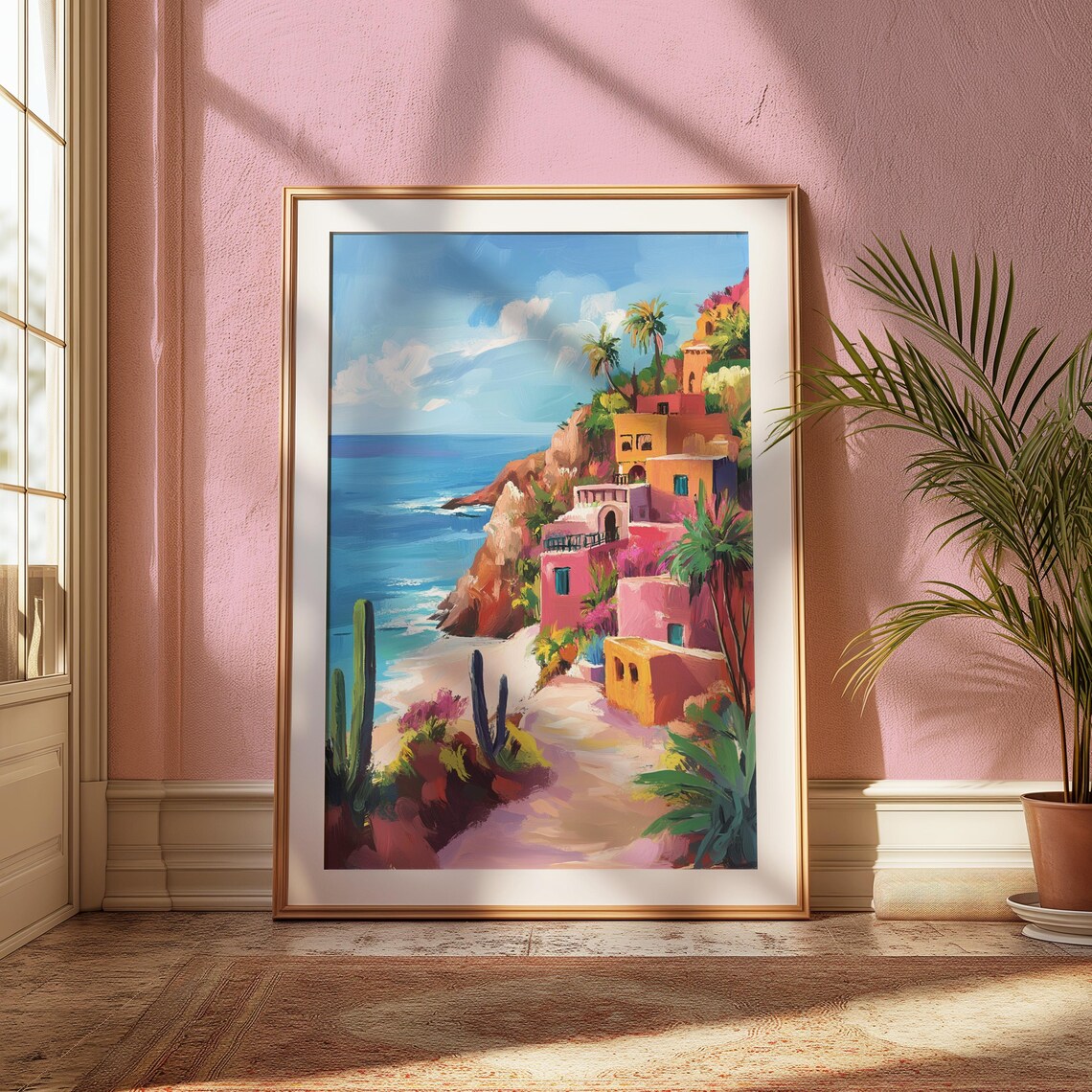 Colorful Coastal Cliff Village Pastel Houses Beach Blue Sea Cacti Poster - Image 2
