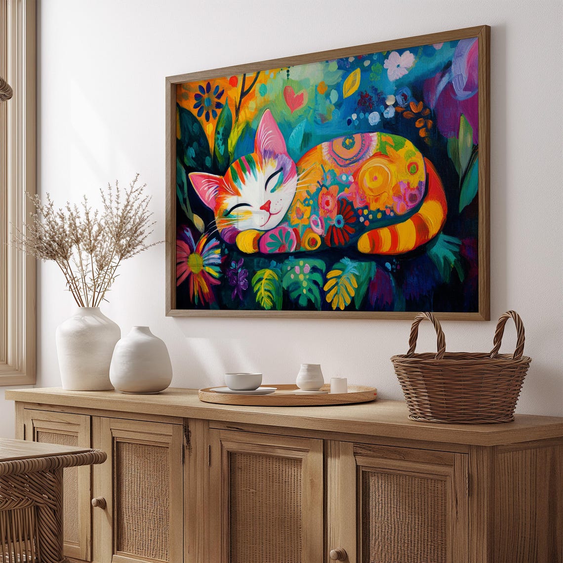 Sleeping Rainbow Cat Curled Up Tropical Floral Night Garden Poster