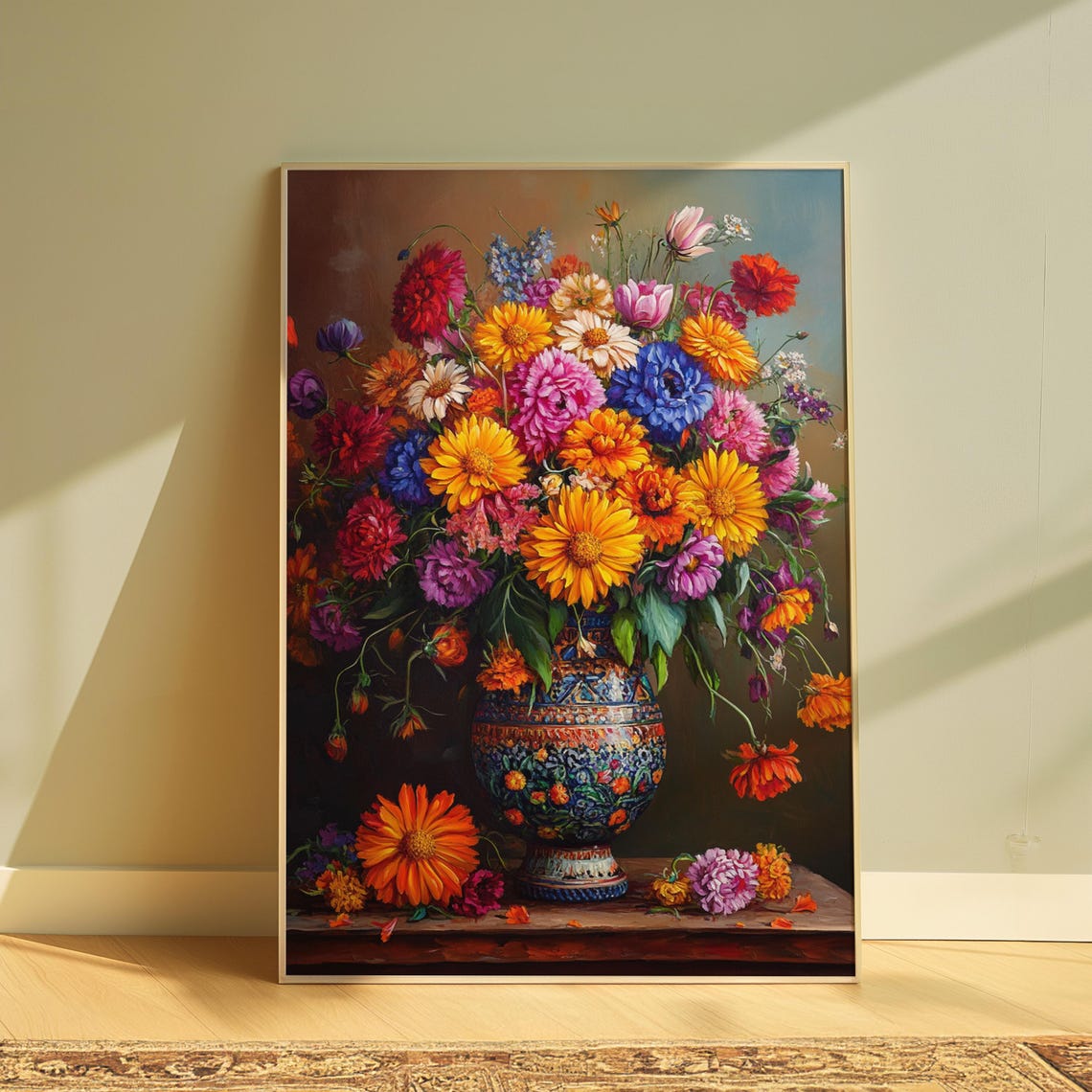 Vivid Garden Bouquet Patterned Mexican Vase Ledge Moody Floral Poster