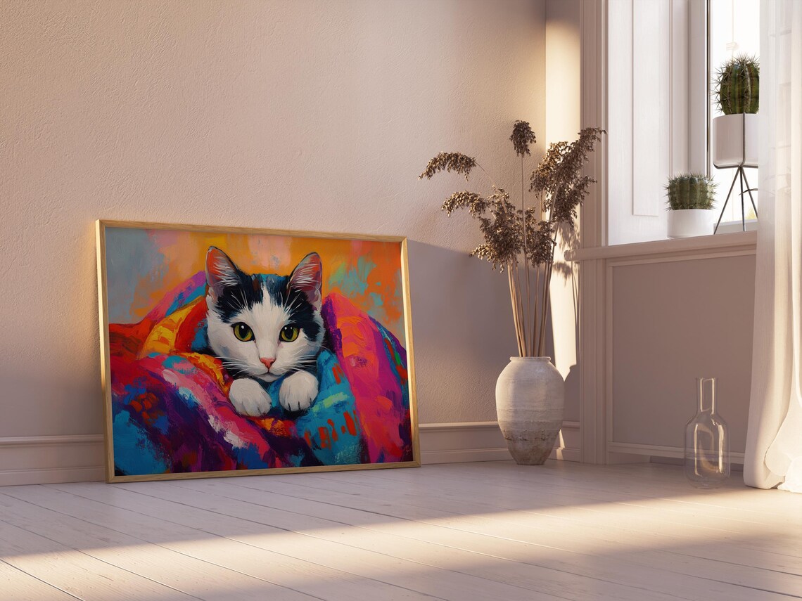 Tuxedo Kitten Peeking from Rainbow Blanket Green Eyes Painting Poster - Image 2