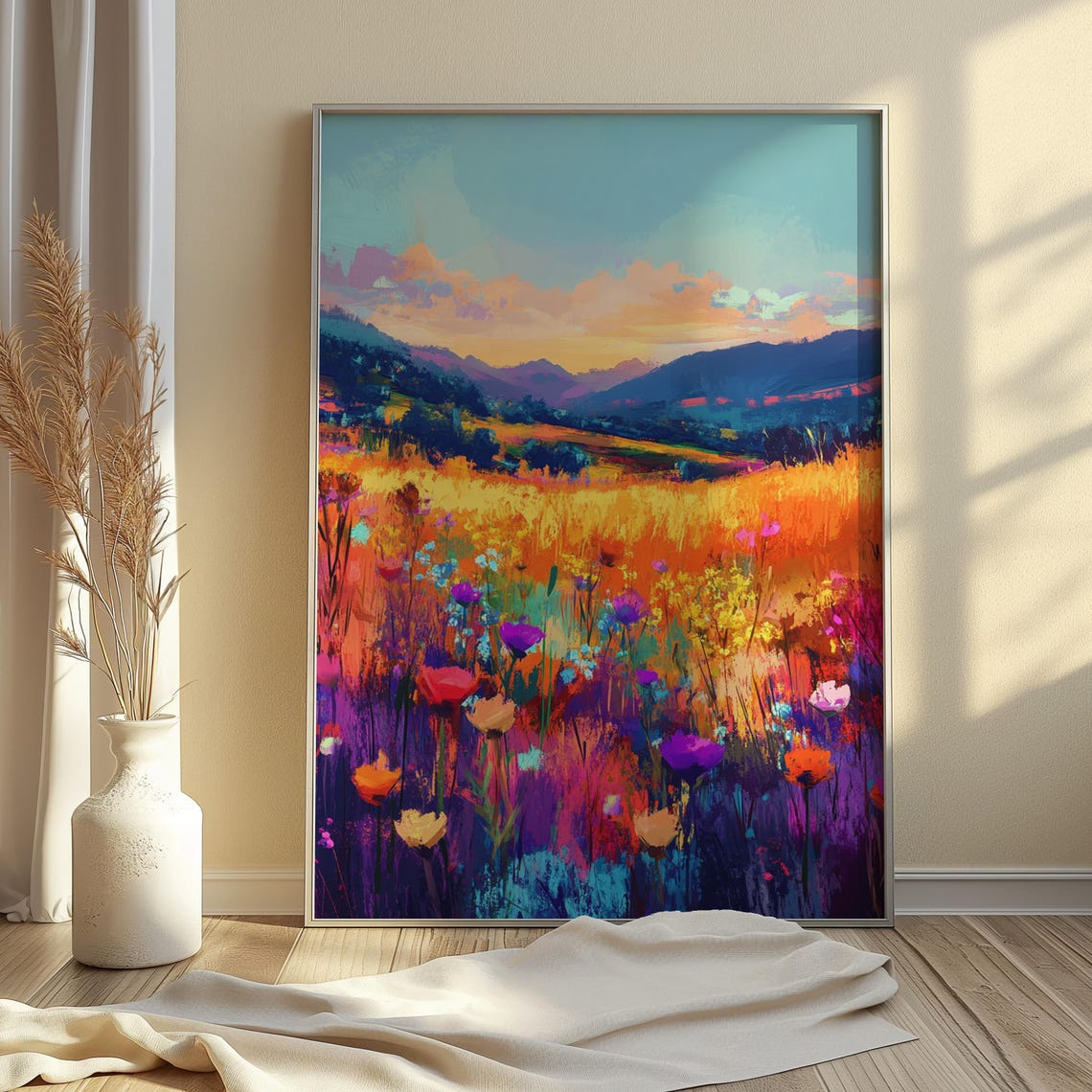 Wildflower Meadow Sunset Mountain View Impressionist Art Print - Image 4