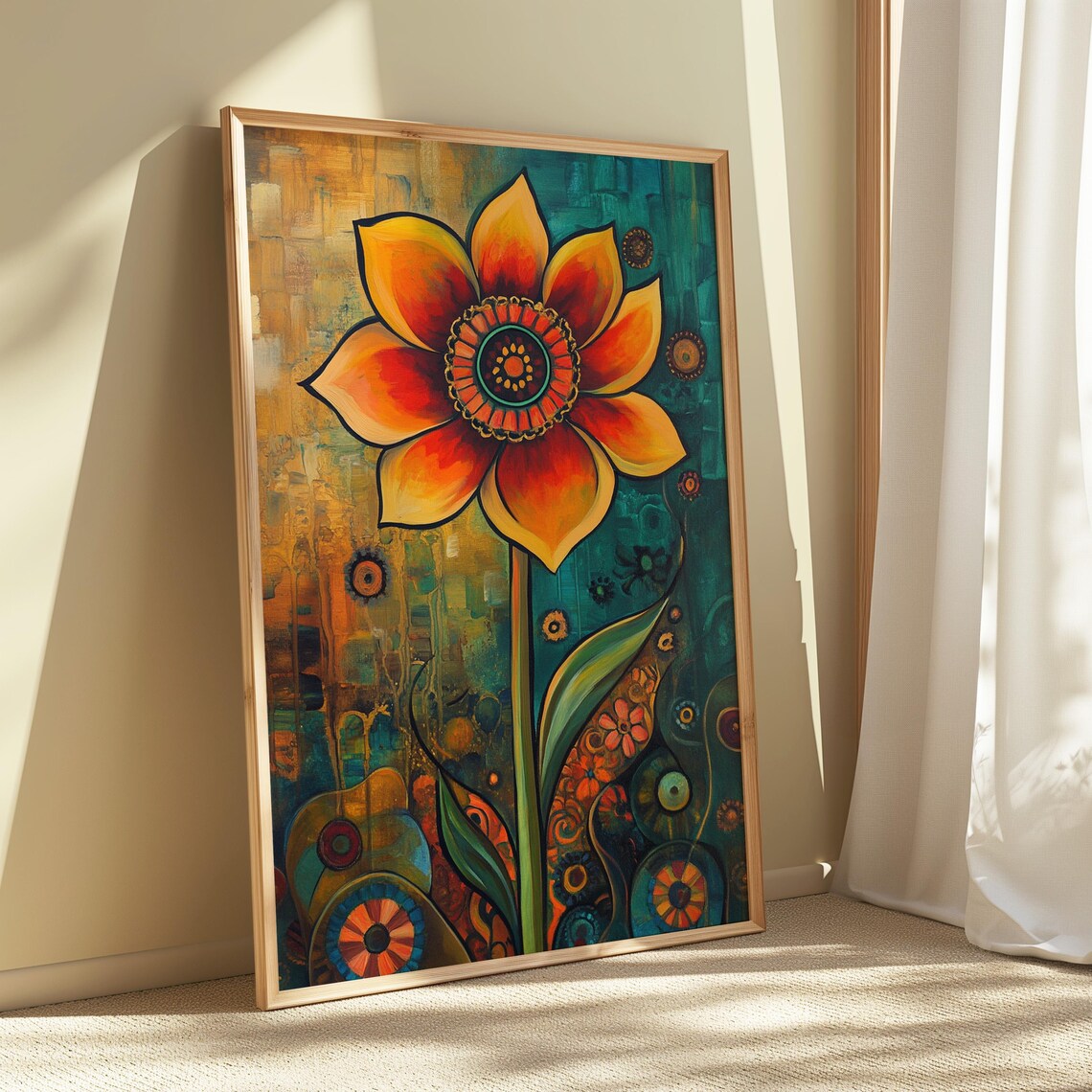 Orange Folk Flower Beaded Center Gold Teal Floral Art Poster - Image 5