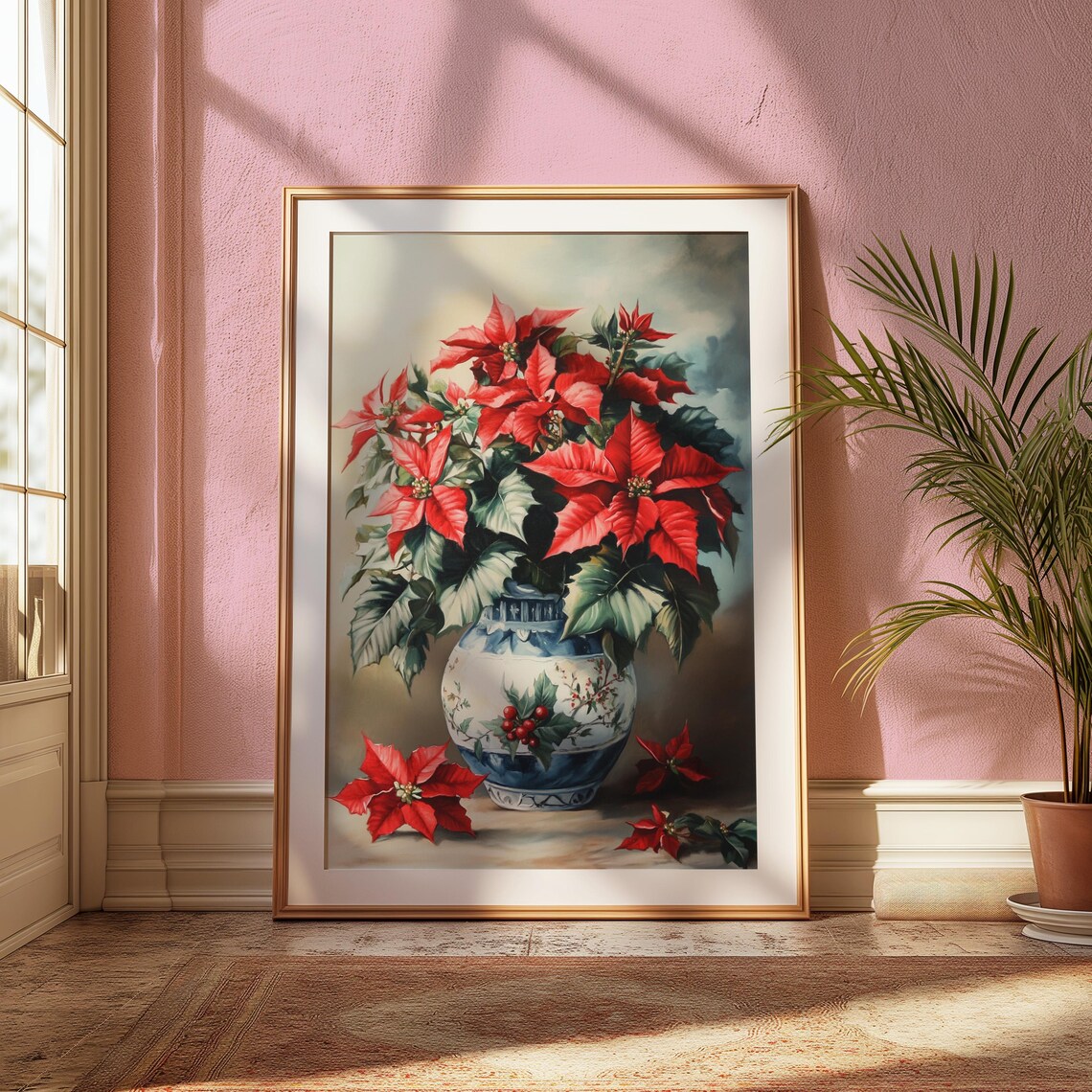Red Poinsettia Blue White Ginger Jar Christmas Still Life Poster - Image 2