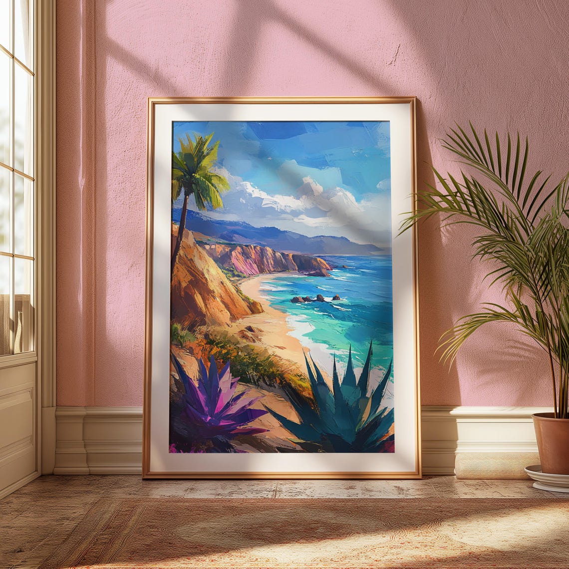 Coastal Cliffs Palm Trees Agave Turquoise Sea Ocean Art Print - Image 2