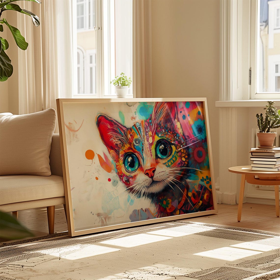 Mexican Folk Art Cat Face Big Blue Eyes Floral Mandala Boho Cat Poster - Image 4
