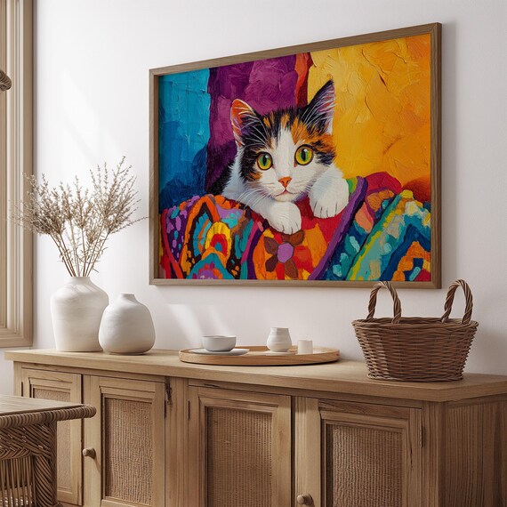 Calico Kitten Resting on Colorful Quilt Green Eyes Impasto Art Poster