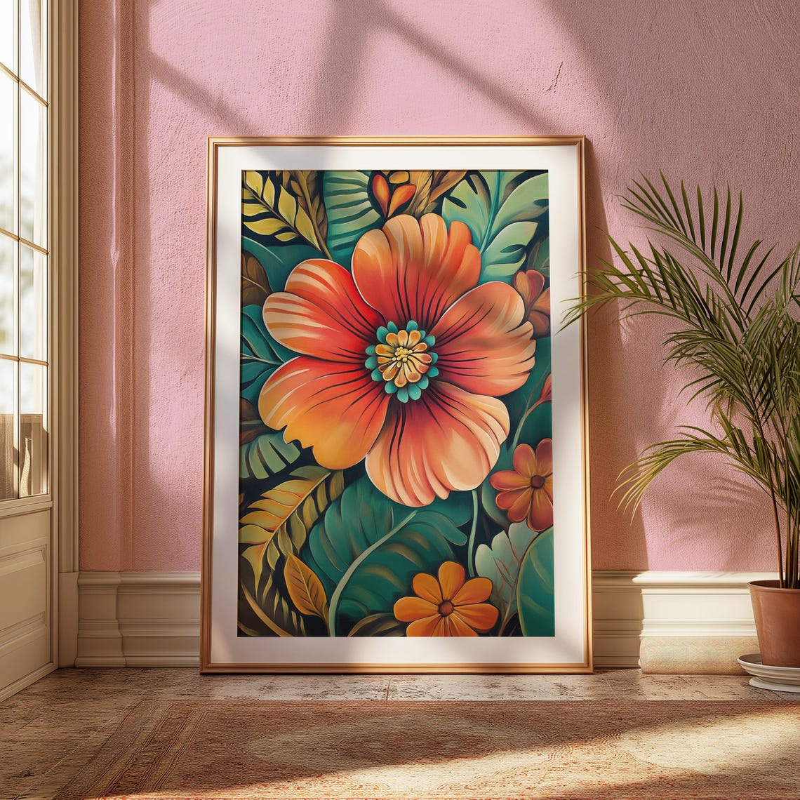 Coral Orange Hibiscus Bloom Teal Tropical Leaves Floral Poster - Image 2