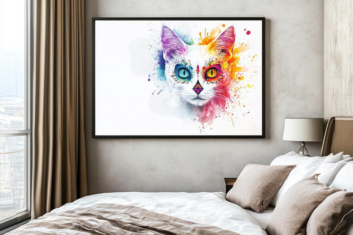 Sugar Skull Cat Rainbow Watercolor Day of the Dead Split Eye Poster - Image 2