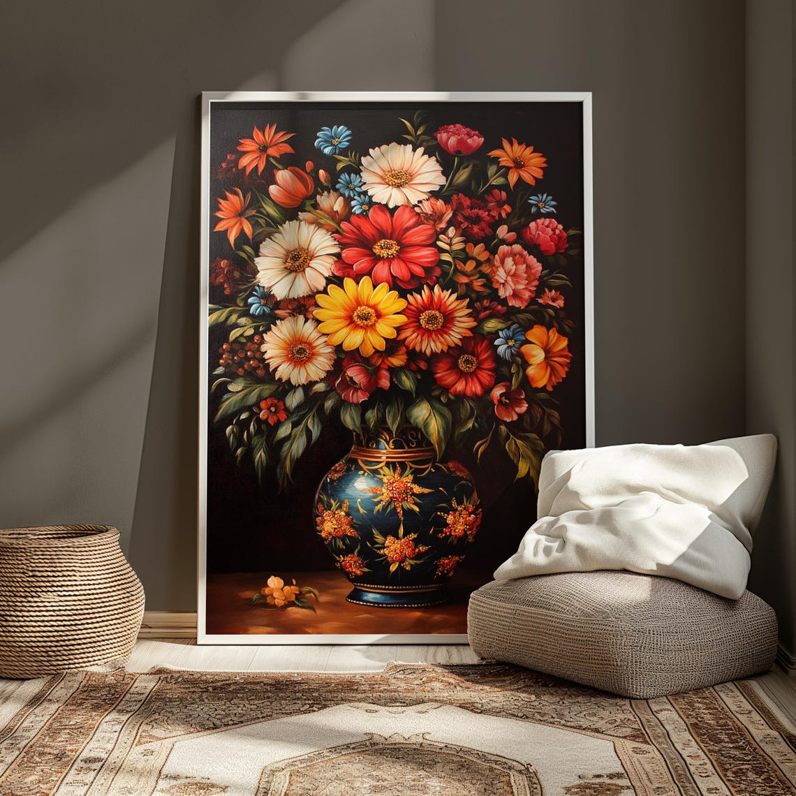 Classic Garden Bouquet Red White Daisies Dark Blue Floral Vase Poster - Image 4