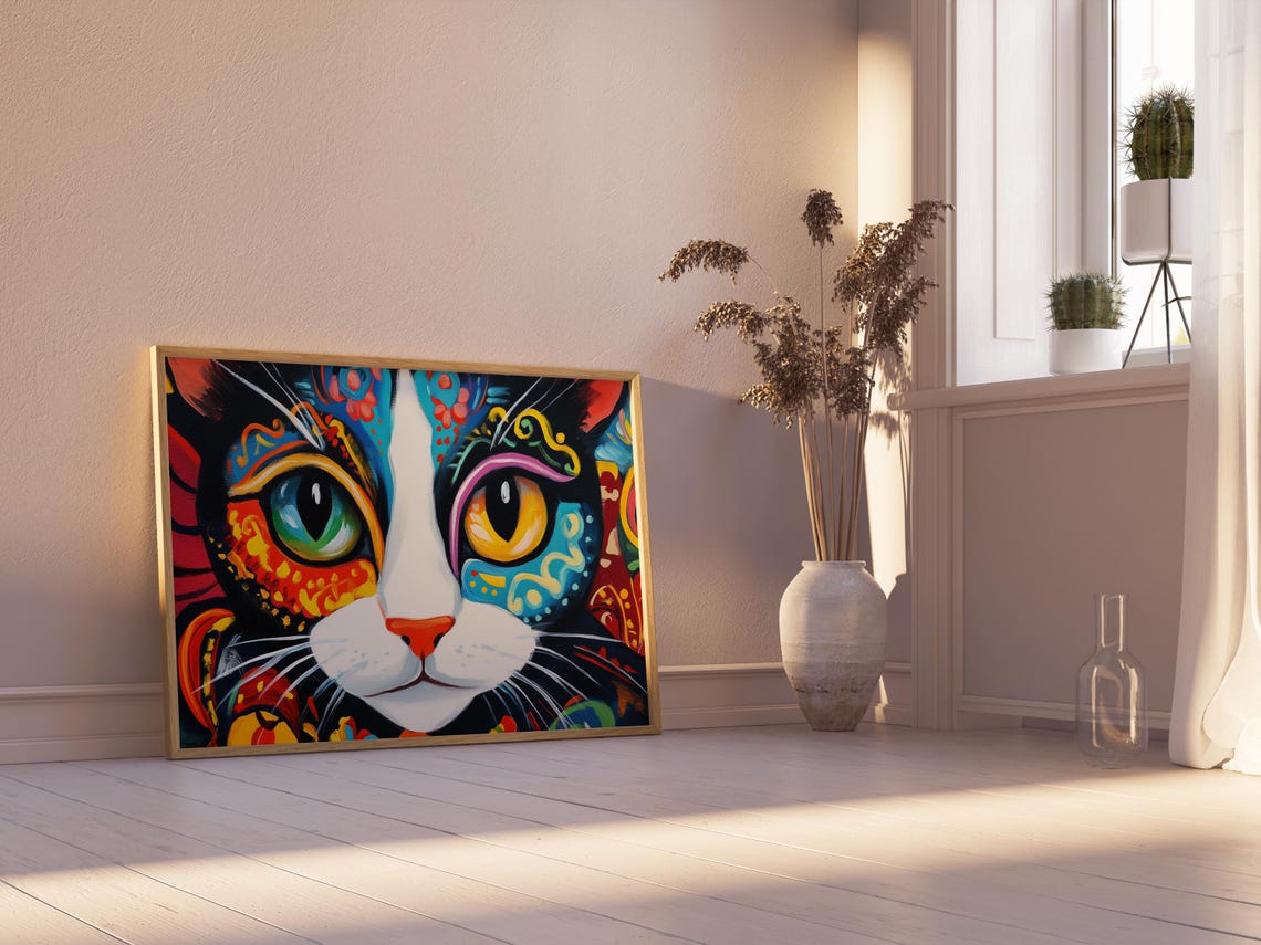 Cat Face Close Up Mismatched Green Yellow Eyes Dramatic Poster - Image 2