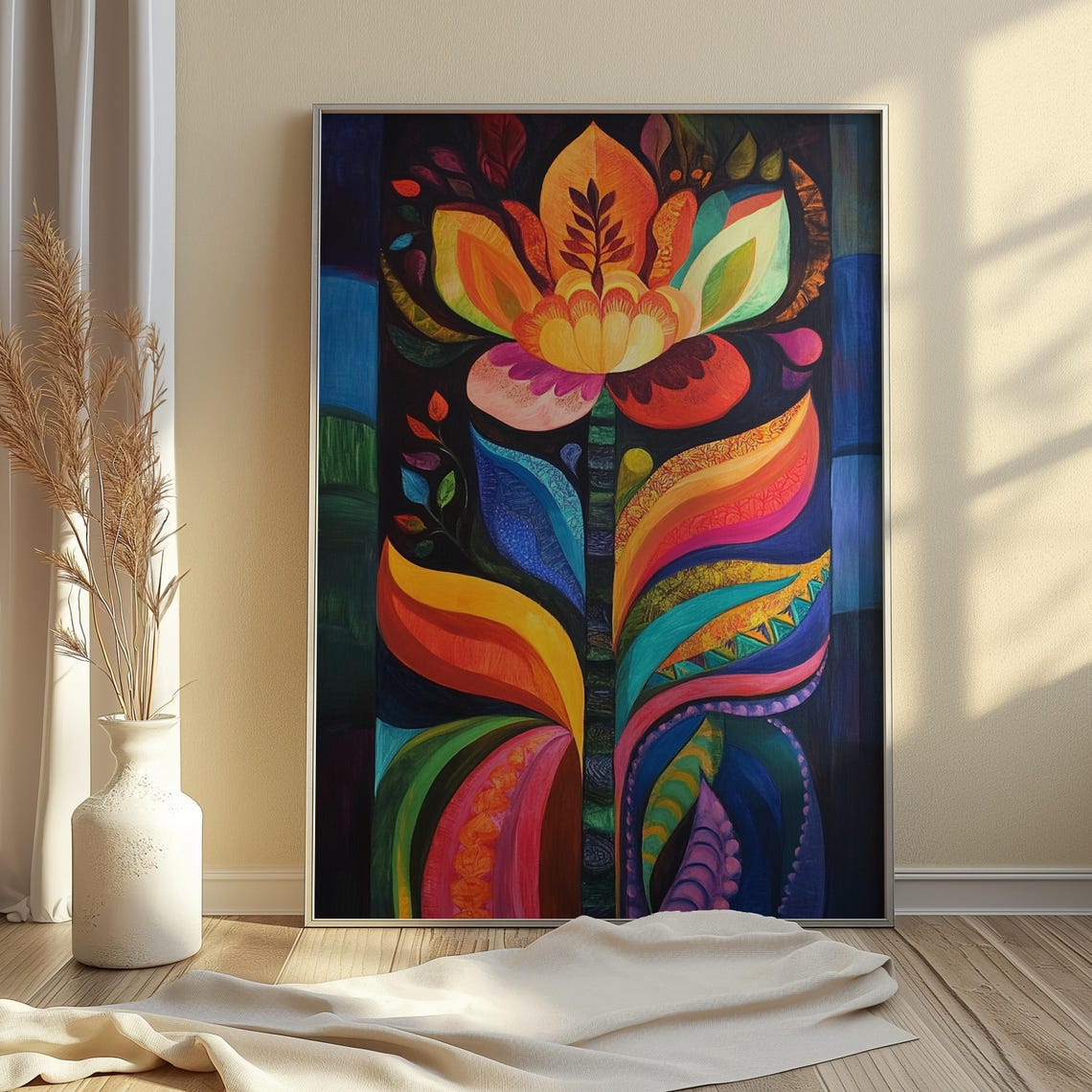 Ornate Folk Bouquet Dark Background Symmetrical Floral Art Poster - Image 4